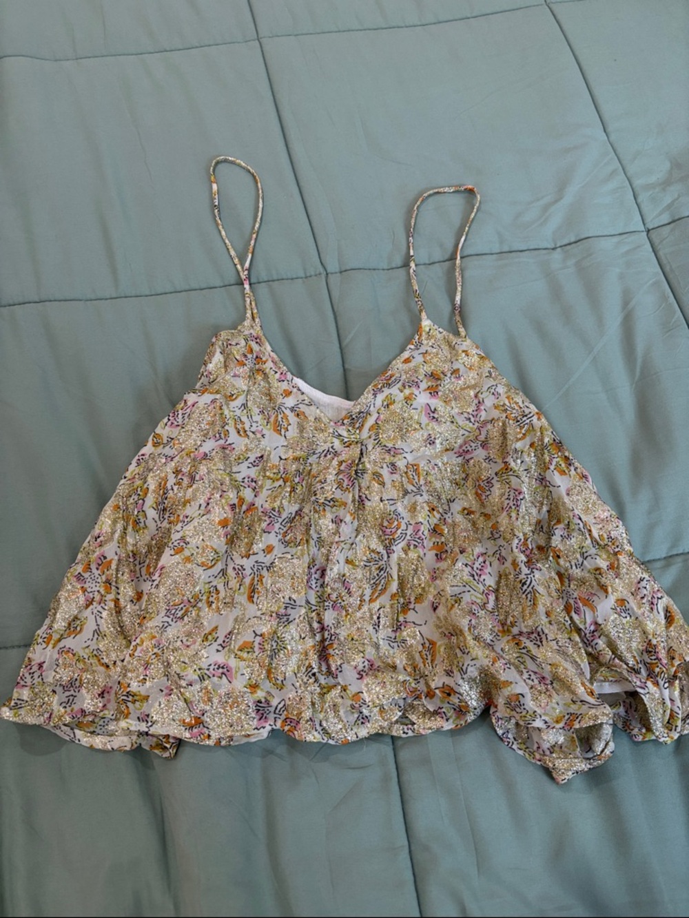 Zara Floral Spaghetti-Strap Camisole with gold shimmer